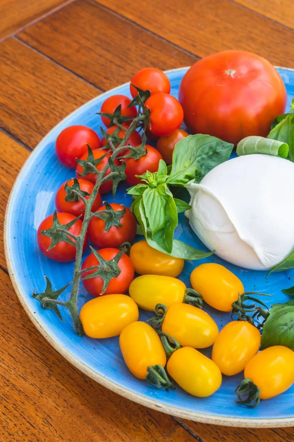 Pomodorini gialli e rossi con mozzarella e basilico su un piatto blu